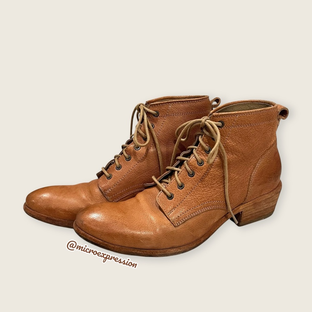 $369 Frye Carson Lace-Up Tan Cognac Real Leather Lace Up PullOn Heeled AnkleBoot - Picture 12 of 16